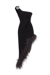 Raisa & Vanessa  Black Velvet Asymmetrical Midi Dress With Feather Details